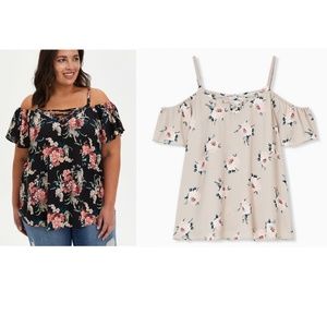 Torrid Taupe Lace-Up Cold Shoulder Floral Blouse